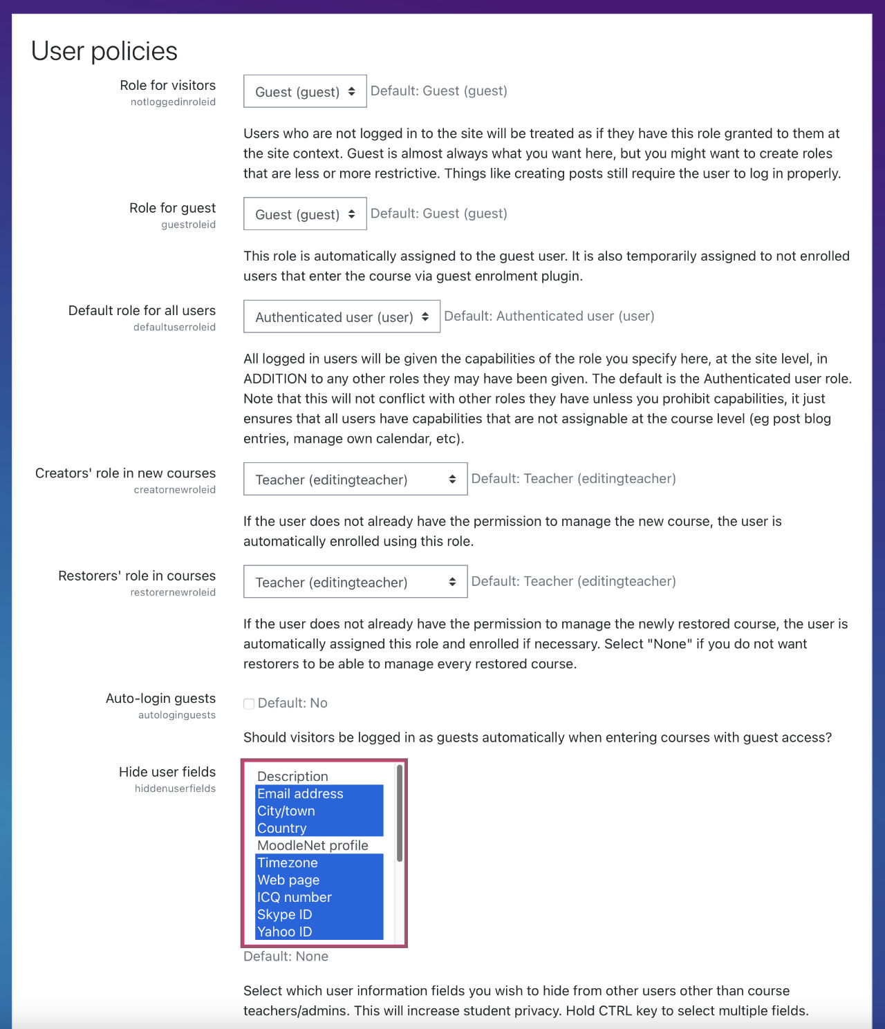 Hide user fields