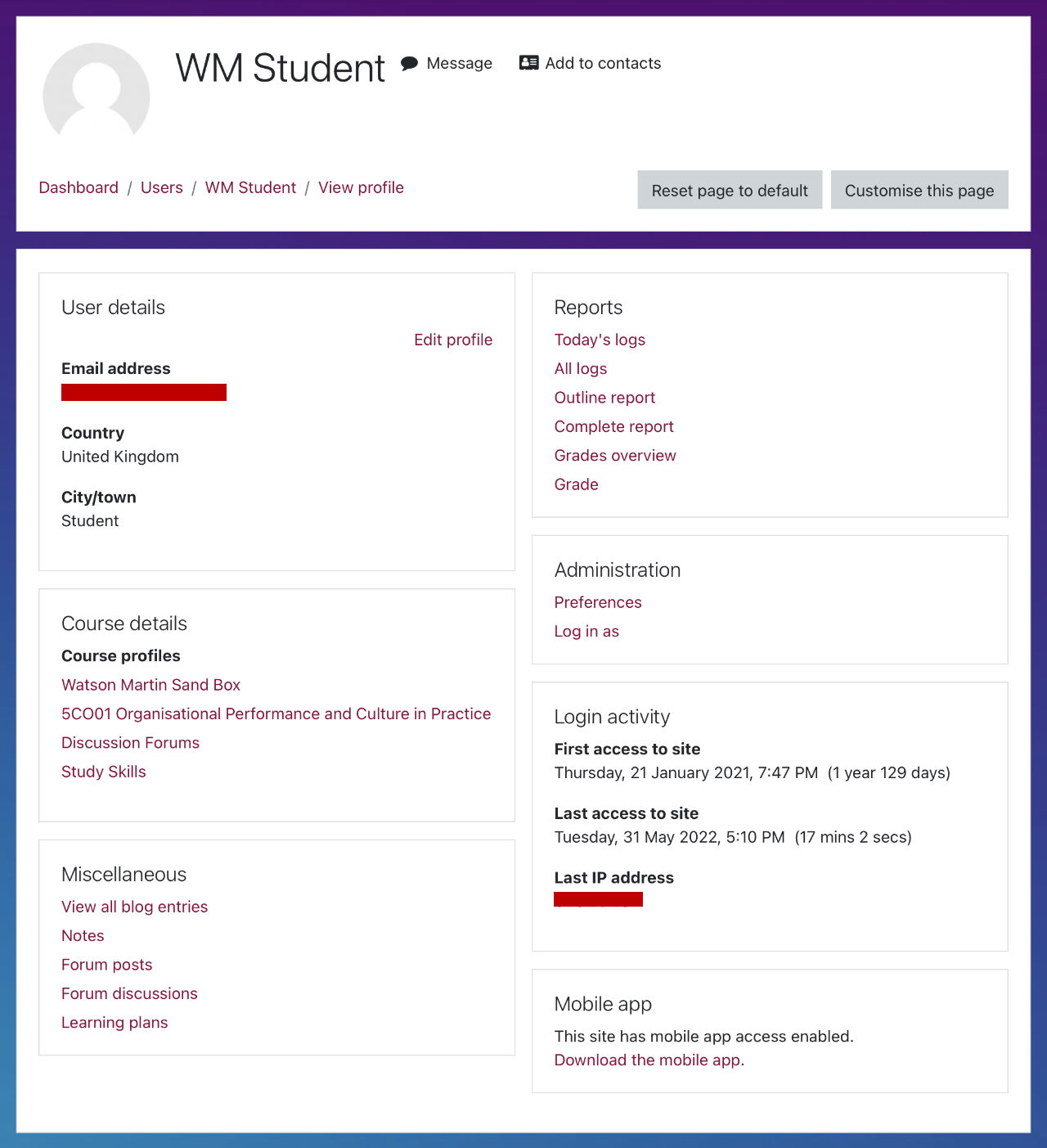 Moodle User Profile Page