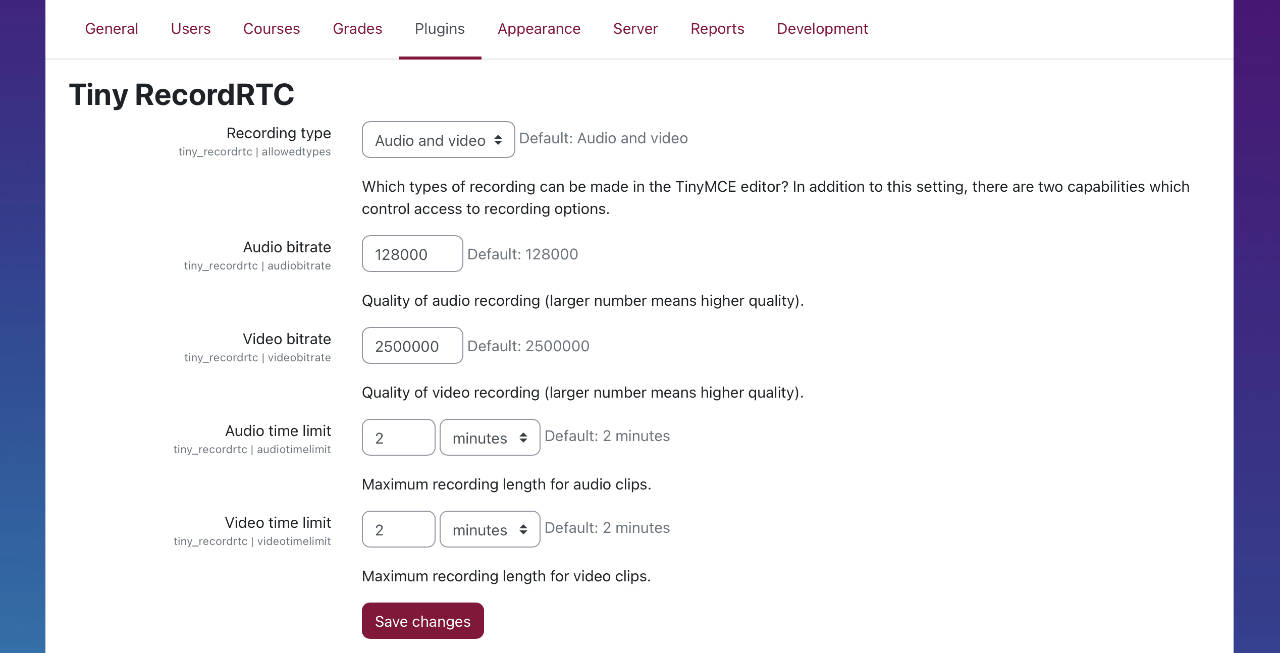 RecordRTC config page for TinyMCE