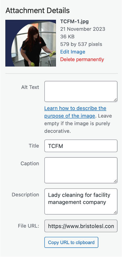 Screenshot of Media File Attributes in WordPress