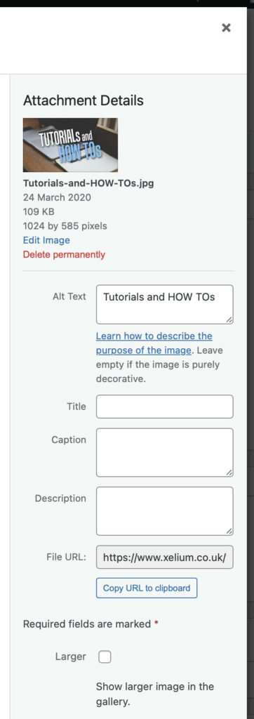 Attachment Details Sidebar showing Alt Text and Title fields
