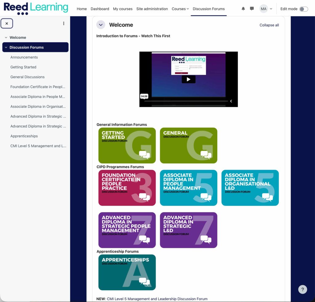 discussion forums-vle-reed-course-view