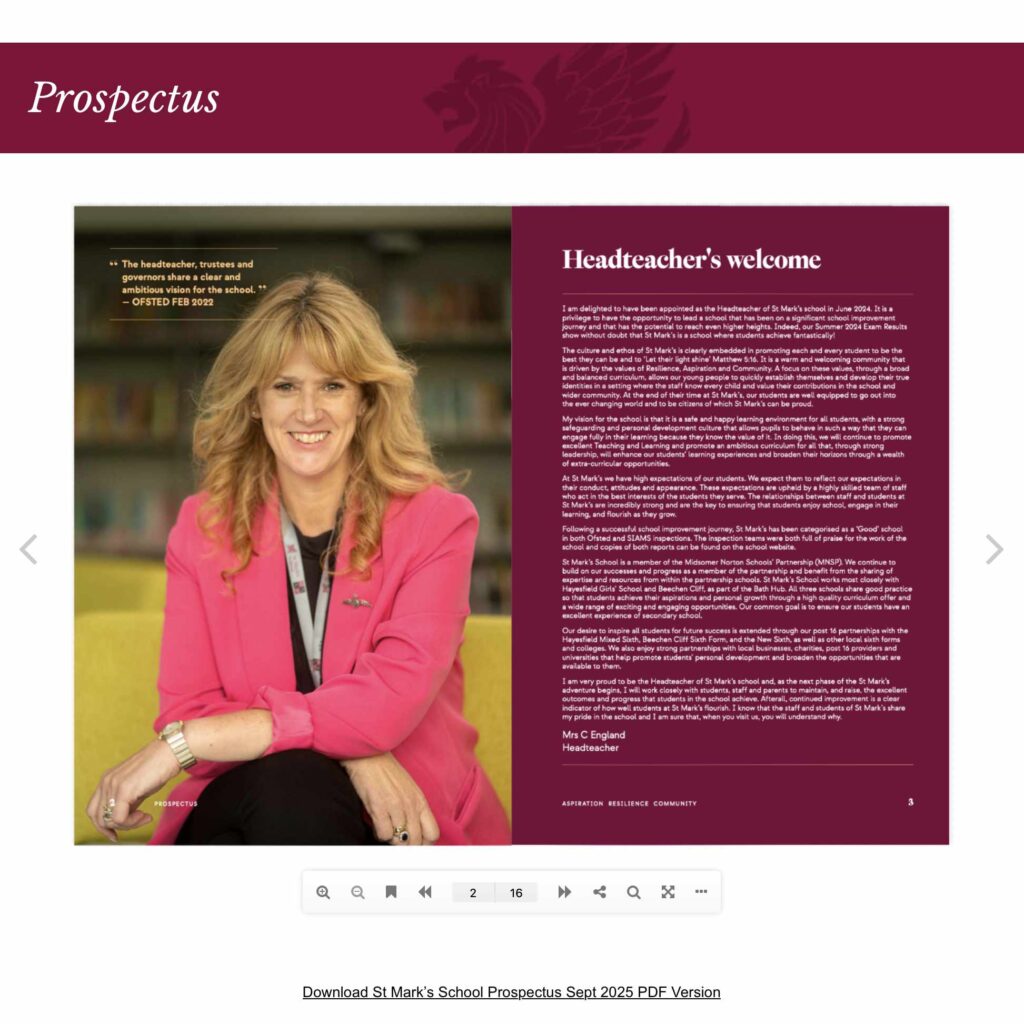 St Marks Prospectus embedded on the website